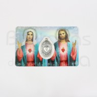 Card Hearts of Jesus and Mary with medal and prayer